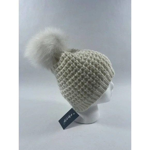 KYI KYI WOMEN’S CLASSIC FOX FUR WAFFLE KNIT POM POM BEANIE IVORY, ONE SIZE - Picture 2 of 8
